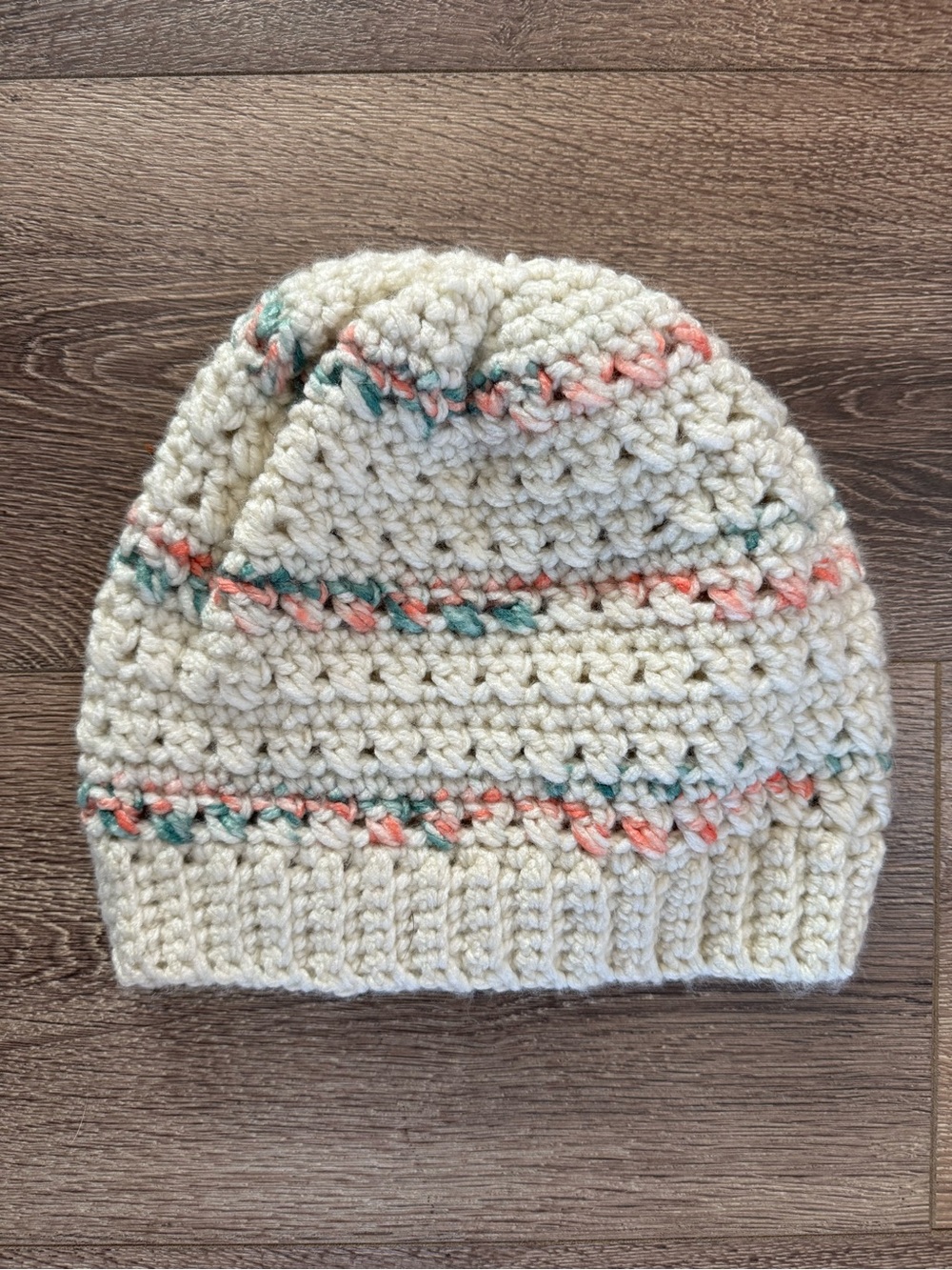 Handmade Crochet Beanie, Cream Pink Teal Stripe